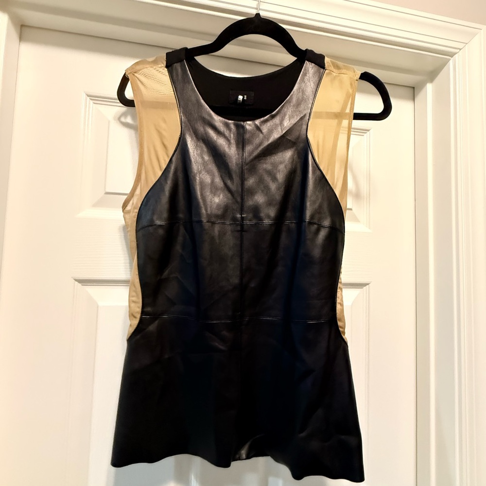 Fate Black Leather and Tan Asymmetrical Fitted Tank Top